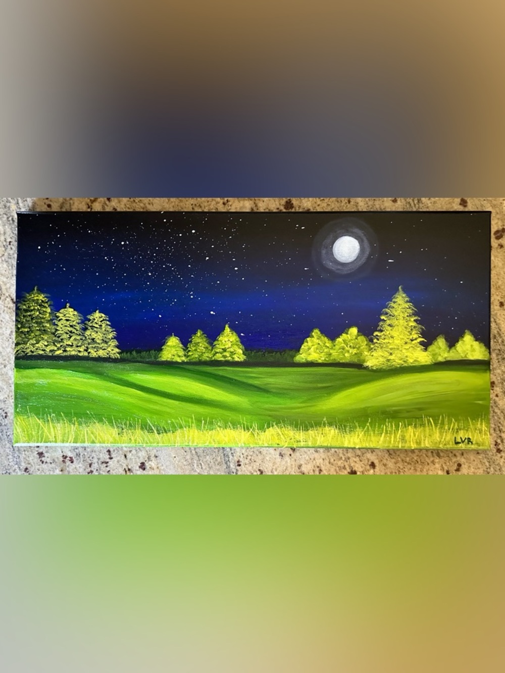 Hand-Painted Night Landscape Canvas Wall Art - Green & Blue
